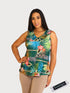 Chic Sleeveless V-Neck Digital Top with Ruffle Neckline - T2036